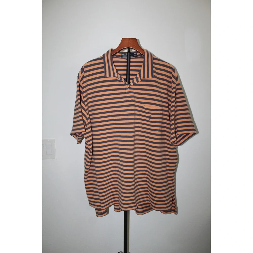 VTG Polo Ralph Lauren Mens XXL Orange Navy Blue Striped Pocket Polo Shirt Cotton